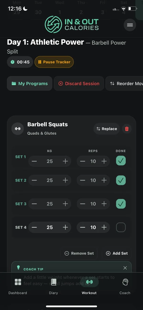 In & Out Calories active workout screen tracking barbell squat sets, reps, and weight